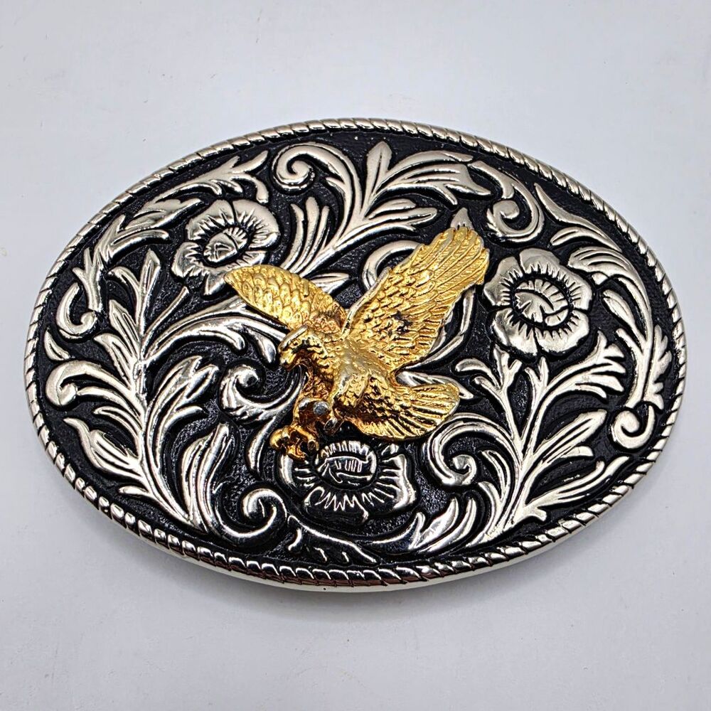 Vintage Eagle Belt Buckle Gold Silver Tone Floral Western Cowboy Made in USA